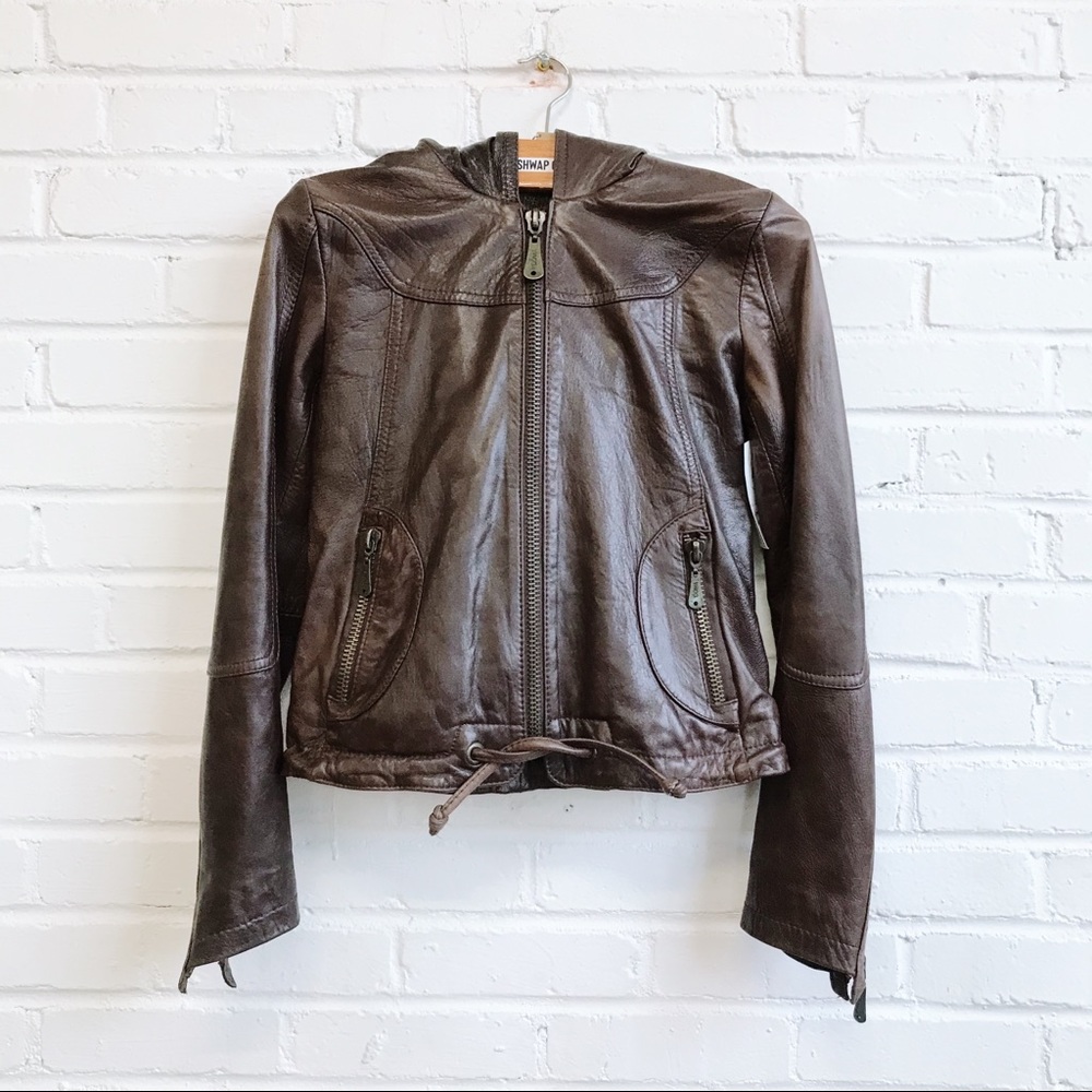 DOMA brown leather jacket hoodie fully lined